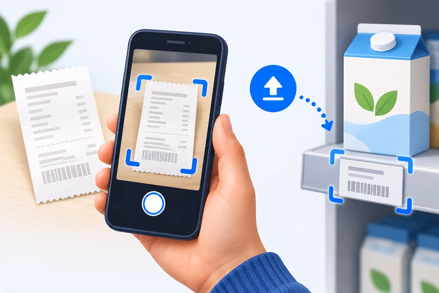 A phone photographing a receipt, beside a shelf price tag ready to capture.